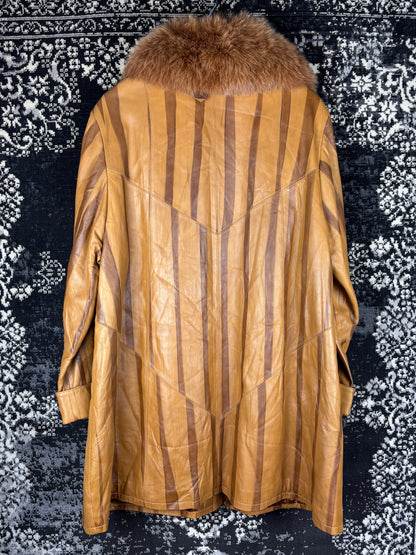 Women's Y2K Caramel Brown Funky Striped Leather Coat