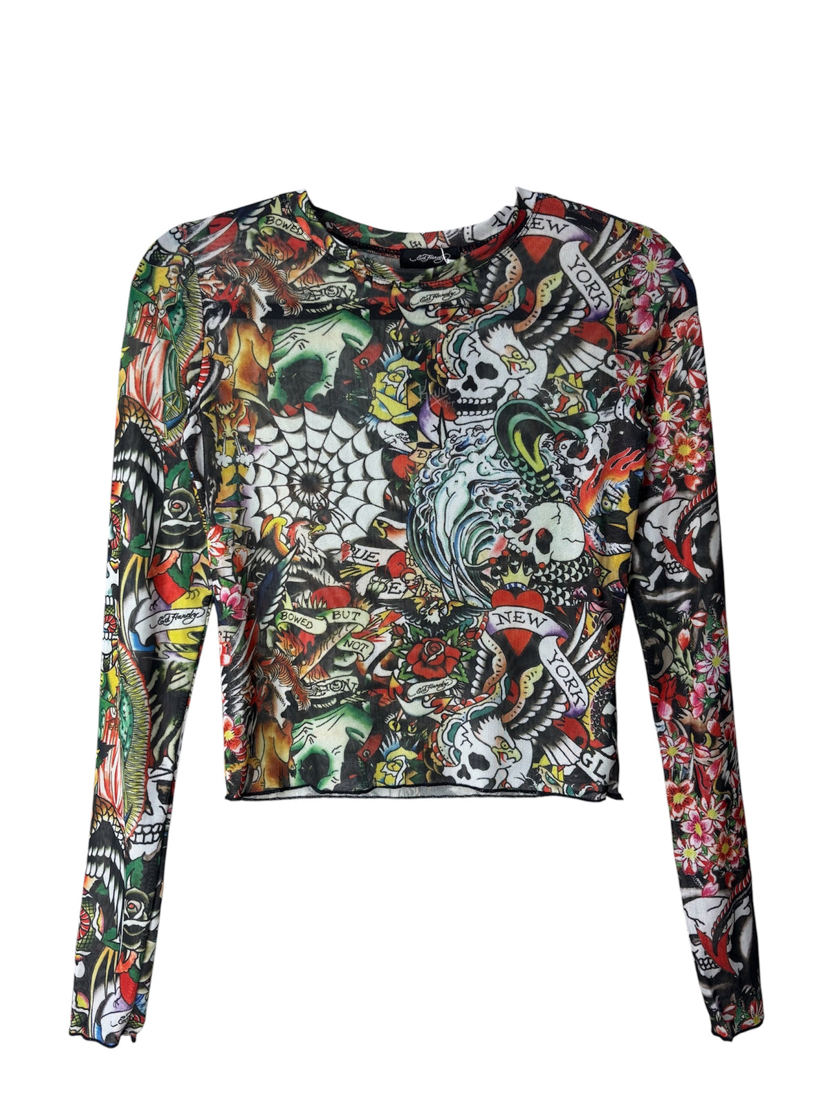 Ed Hardy Tattoo Print Mesh Long Sleeve Top