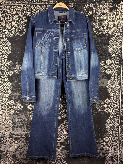 Womens Y2K Blue Denim Two Piece Set Embroidered Beaded Jacket