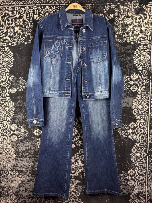 Womens Y2K Blue Denim Two Piece Set Embroidered Beaded Jacket