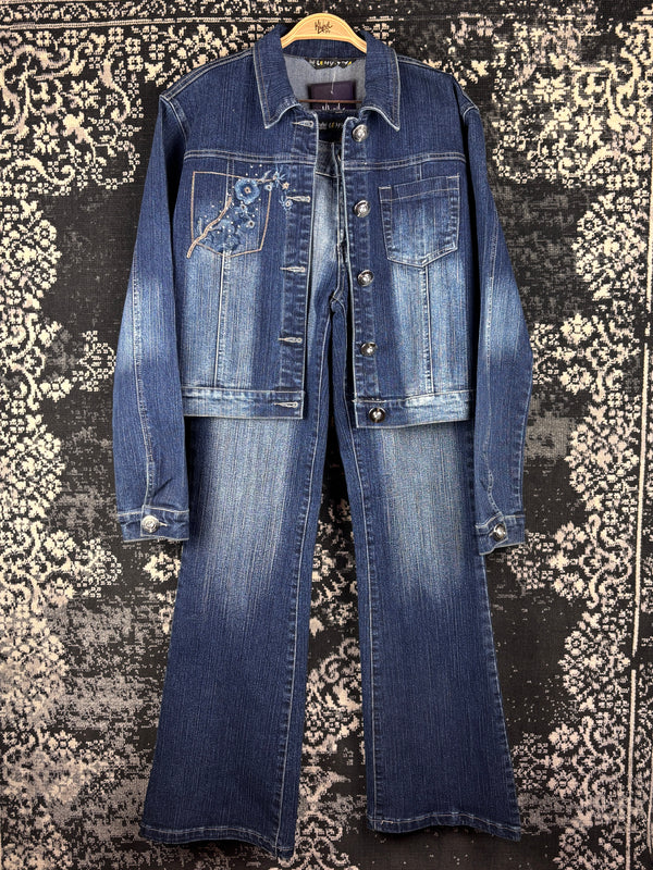 Womens Y2K Blue Denim Two Piece Set Embroidered Beaded Jacket