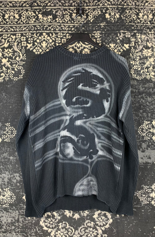 Men's Y2K Black Ribbed Sweater with Oversized Airbrushed Dragon Graphic