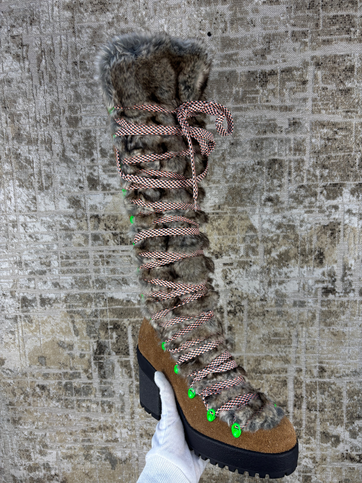 Hogan Fur Trimmed Lace Up Knee High Boots