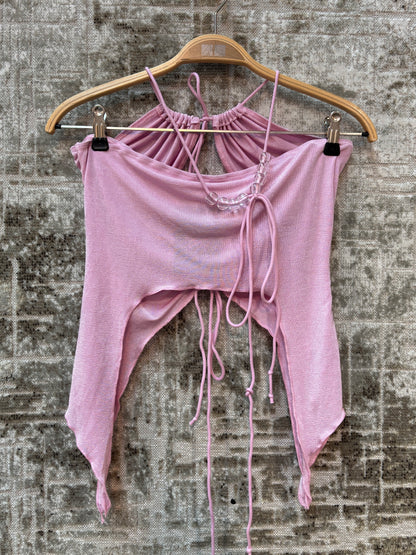 Womens Y2K Pink Ruched Spaghetti Strap Top
