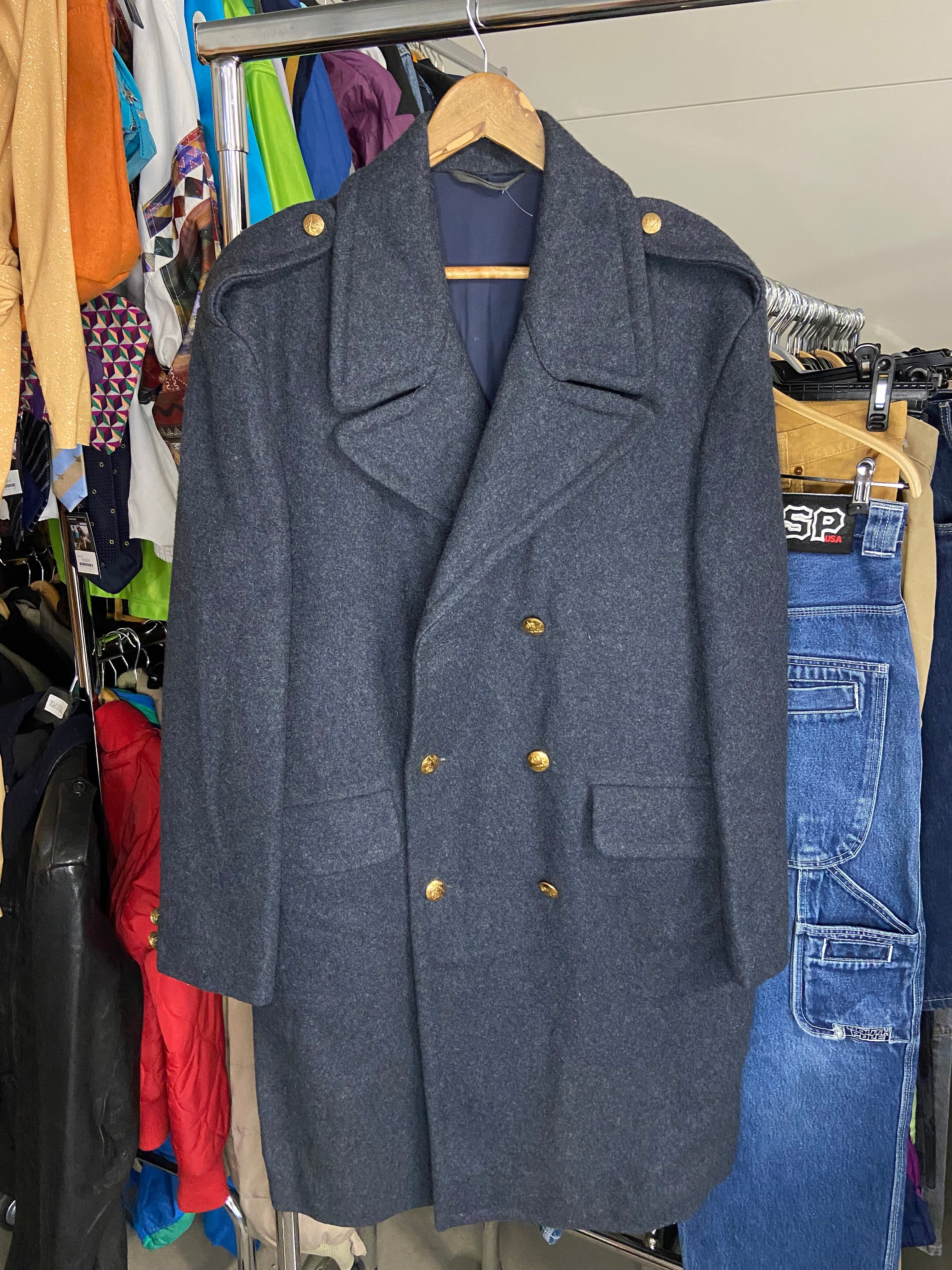 Vintage Wool Swedish Military Long Coat Navy Mens XL Capitan Buttoned