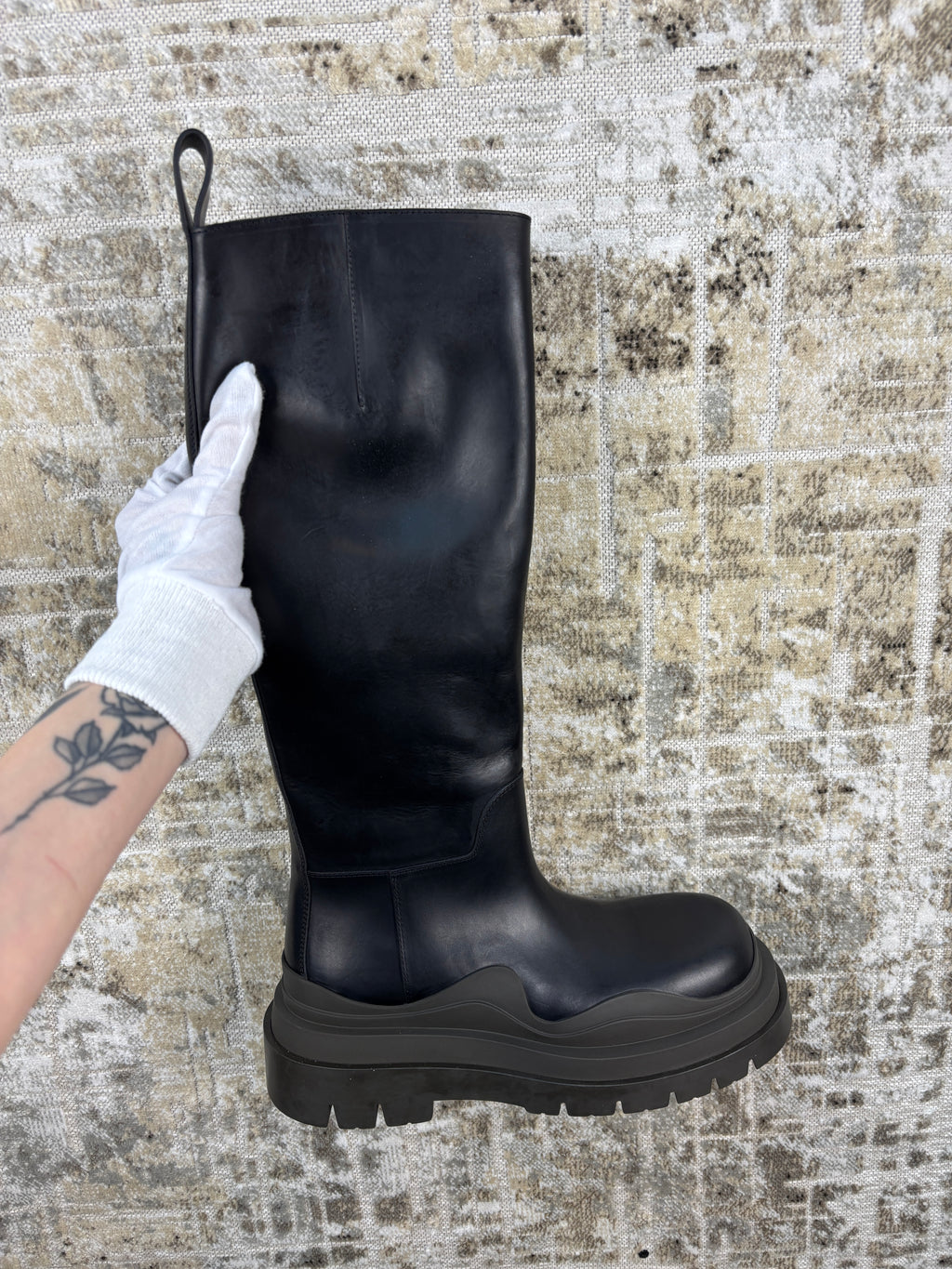 Bottega Veneta Tire Leather Knee High Black Boots