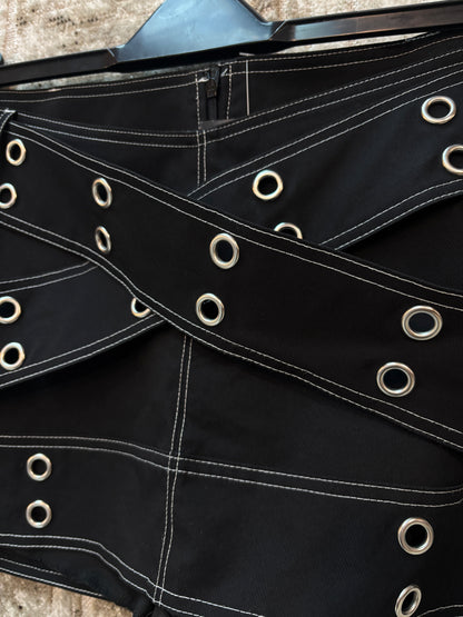 Grommet Cross-Strap Mini Skirt
