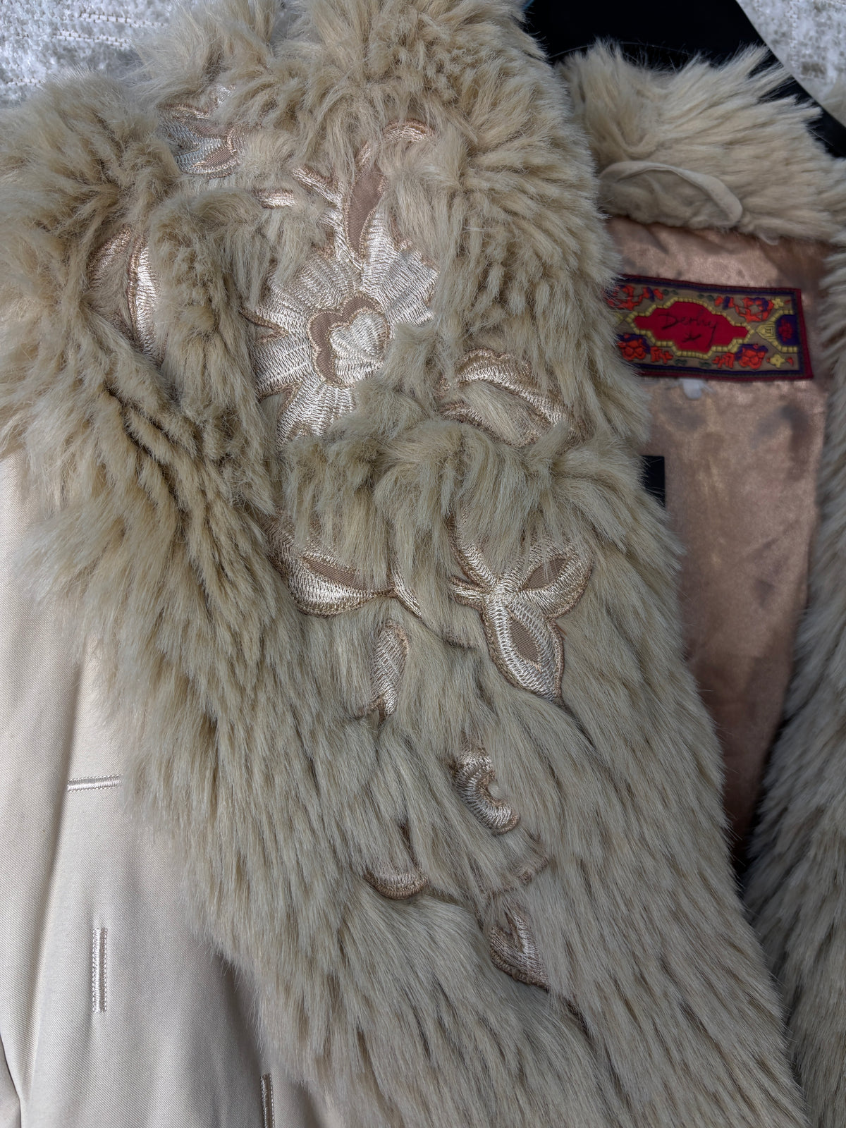 Derhy Faux Fur Trimmed Embroidered Coat