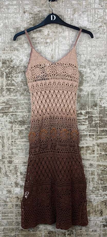 Womens Y2K Brown Ombre Crochet Midi Dress