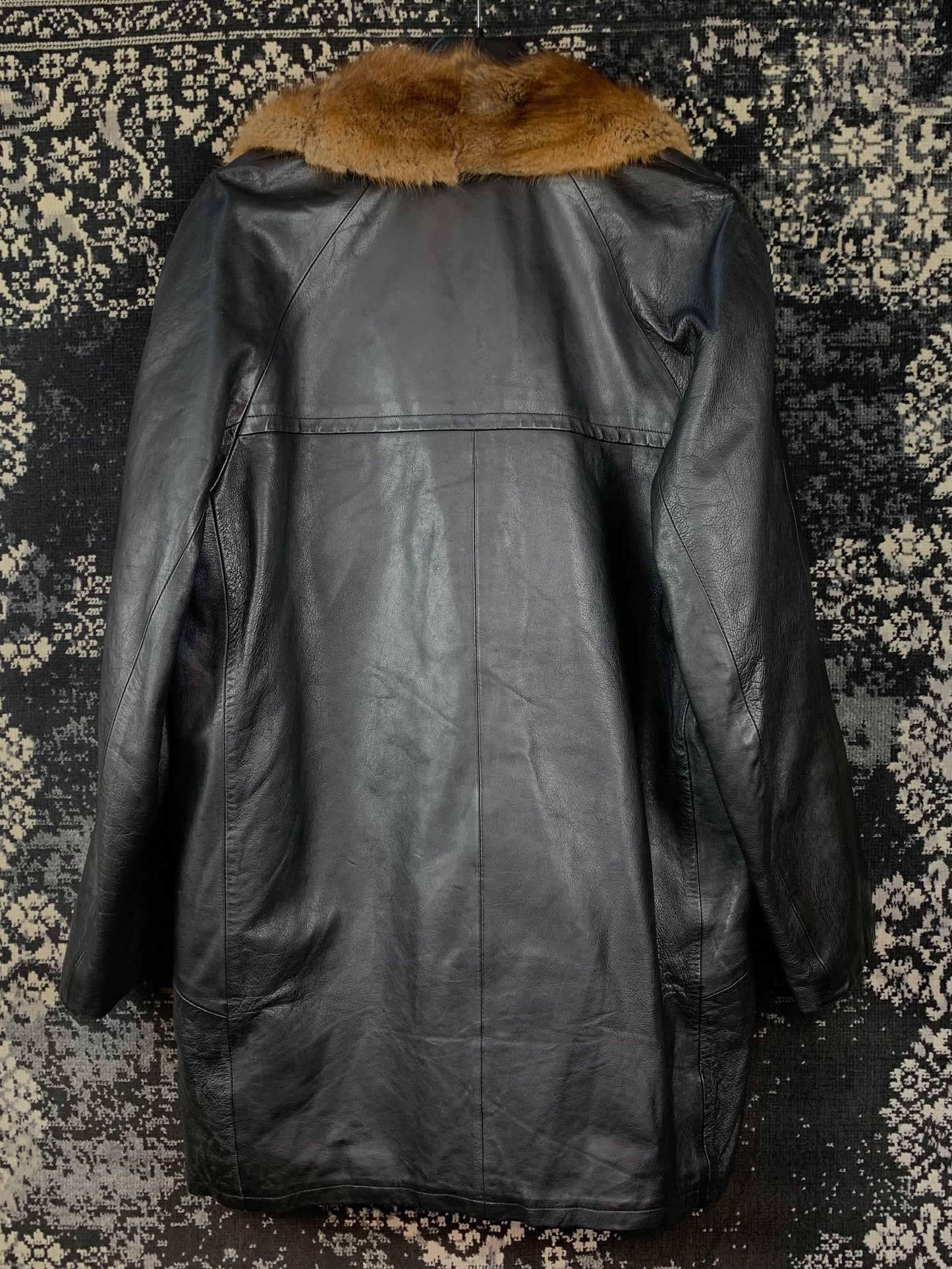 Men's Vintage Black Leather Coat with Brown Fur Collar