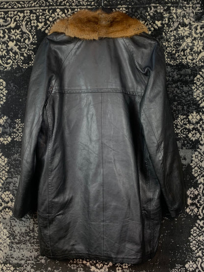 Men's Vintage Black Leather Coat with Brown Fur Collar
