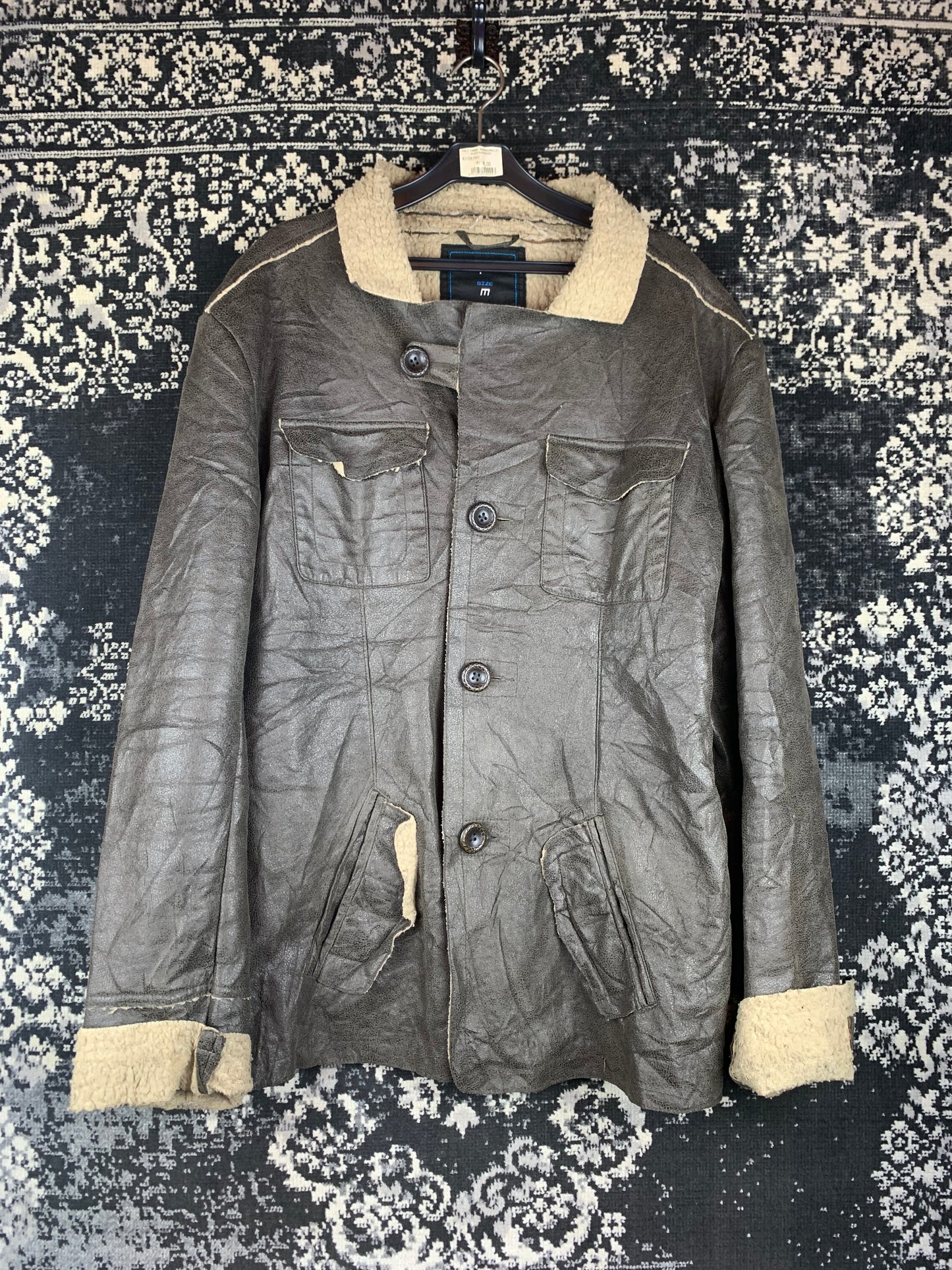 Men's Vintage Chapter Faux Leather Sherpa-Lined Coat