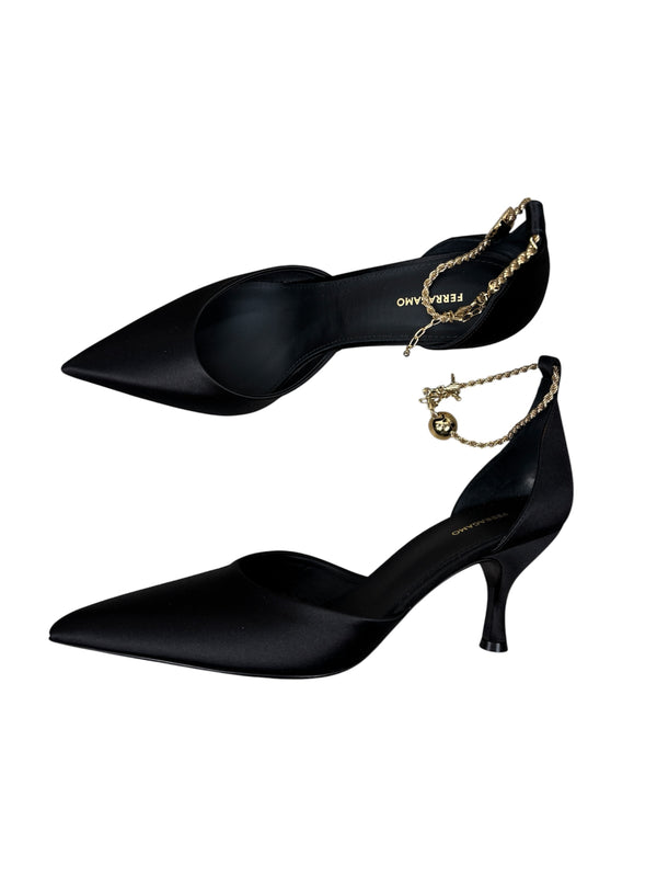 Ferragamo Dana Black Satin Pumps