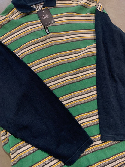 "box office" Green, White, Black and Yellow Striped Long Sleeve Shirt