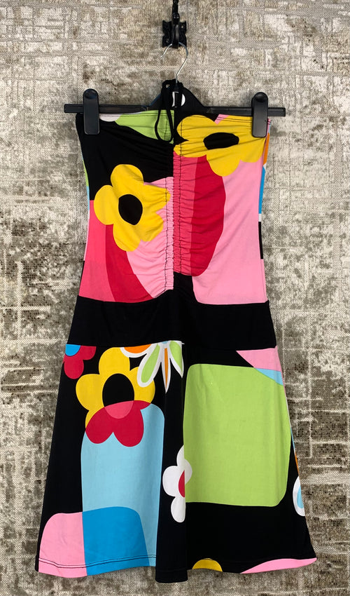 Womens Y2K Vintage Black Floral Halter Dress
