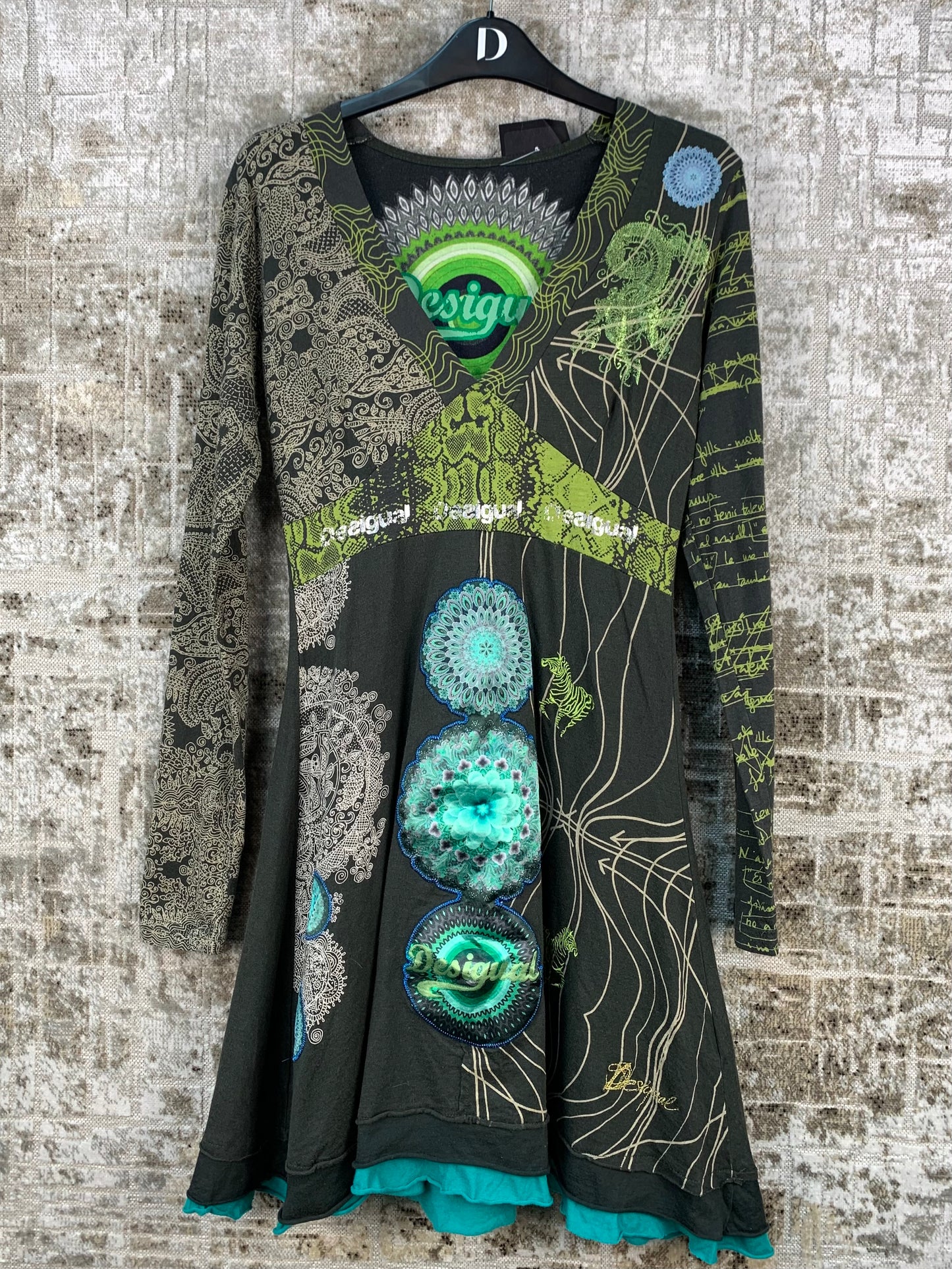 Womens Y2K Desigual Green Patchwork Dress