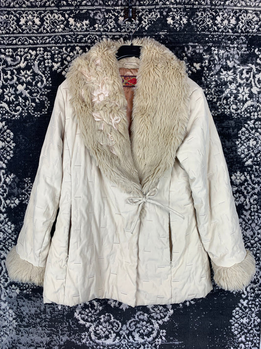 Derhy Y2K Cream Faux Fur Collar & Cuff Jacket