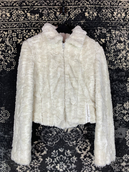 Womens White Faux Fur Zip Up Jacket