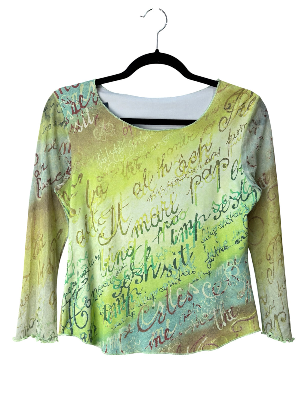 Y2K Script Print Mesh Longsleeve Top