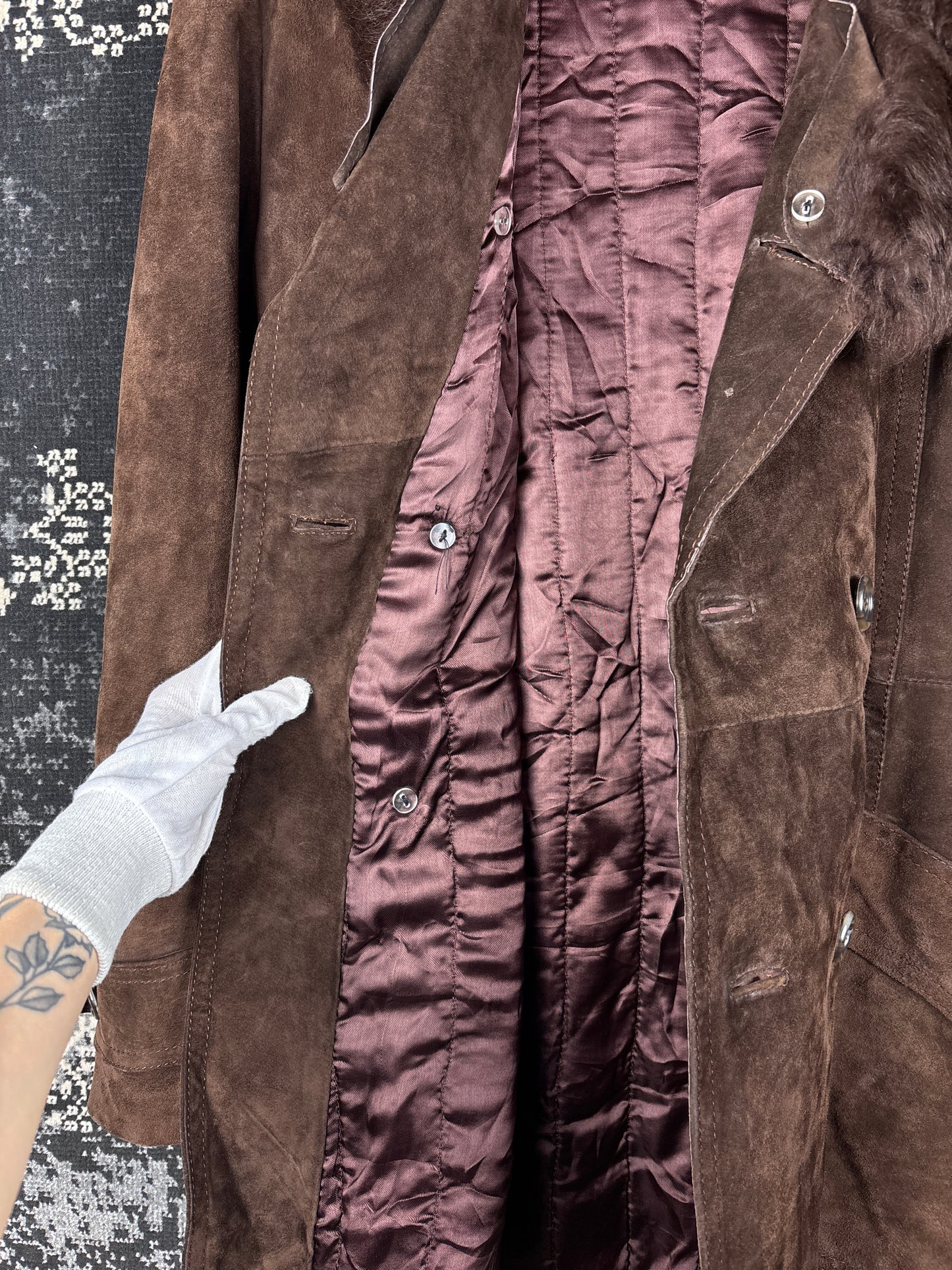 Unisex Vintage Dark Brown Suede Coat with Faux Fur Trim