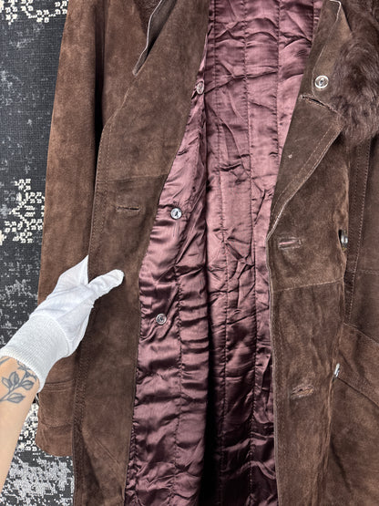 Unisex Vintage Dark Brown Suede Coat with Faux Fur Trim