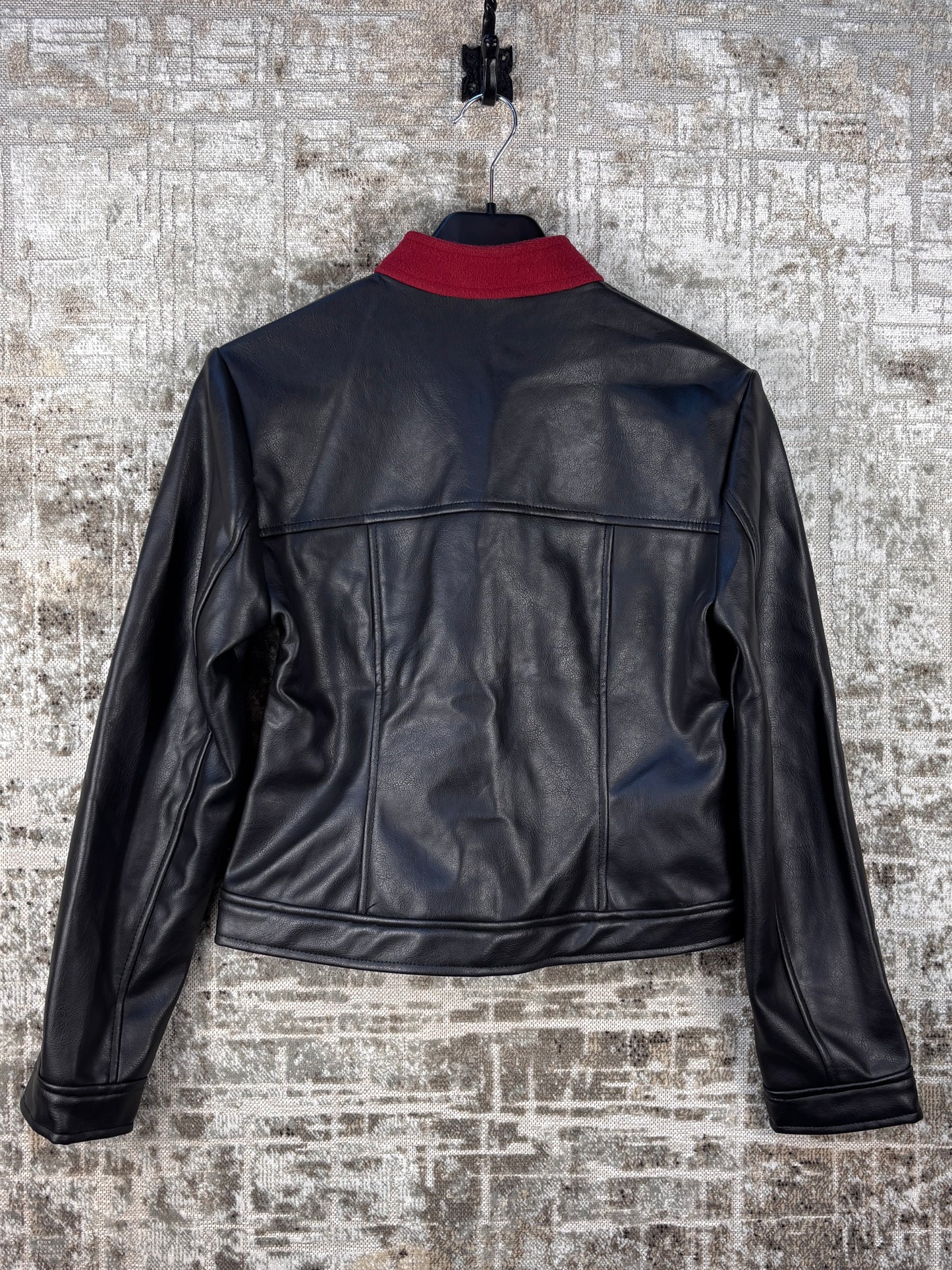 Unisex Vintage Black Leather Jacket Red Collar Detail