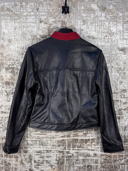 Unisex Vintage Black Leather Jacket Red Collar Detail
