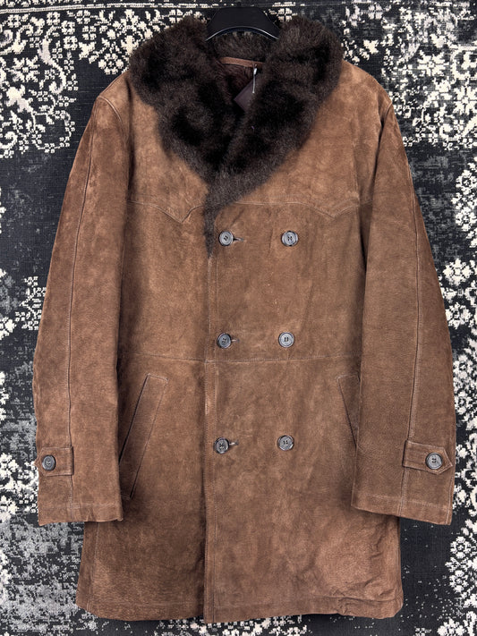Men's Dark Brown Suede Coat with Faux Fur Collar