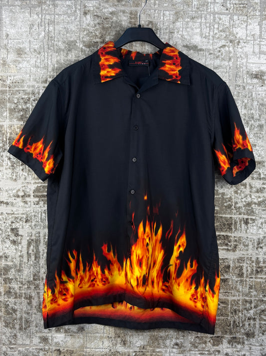 Mens Y2K Lip Line Flame Print Button Up Shirt