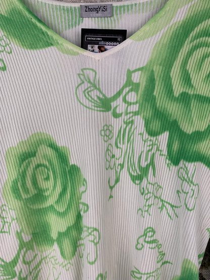 ZhongYiSi Womens Y2K Lime Green Floral Shirt