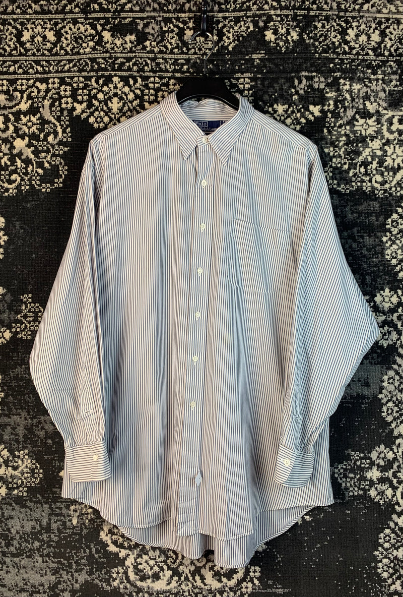 Men’s Vintage Polo Ralph Lauren Blue White Striped Button-Up Shirt