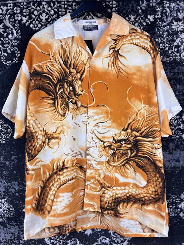 Mens Y2K Fuhua Dragon Print Button Up Shirt