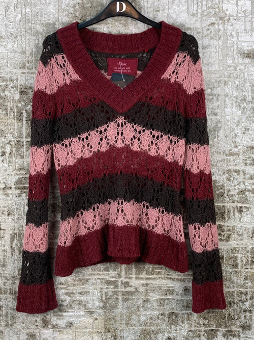 Womens Y2K Lace Knit Pink Burgundy Sweater