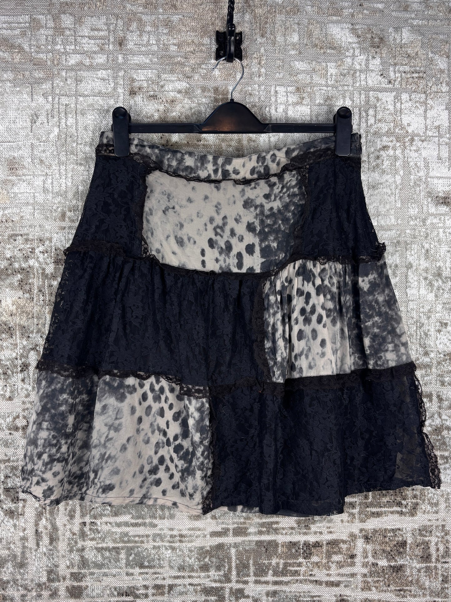 Womens Y2K Black Grey Leopard Print Lace Midi Skirt