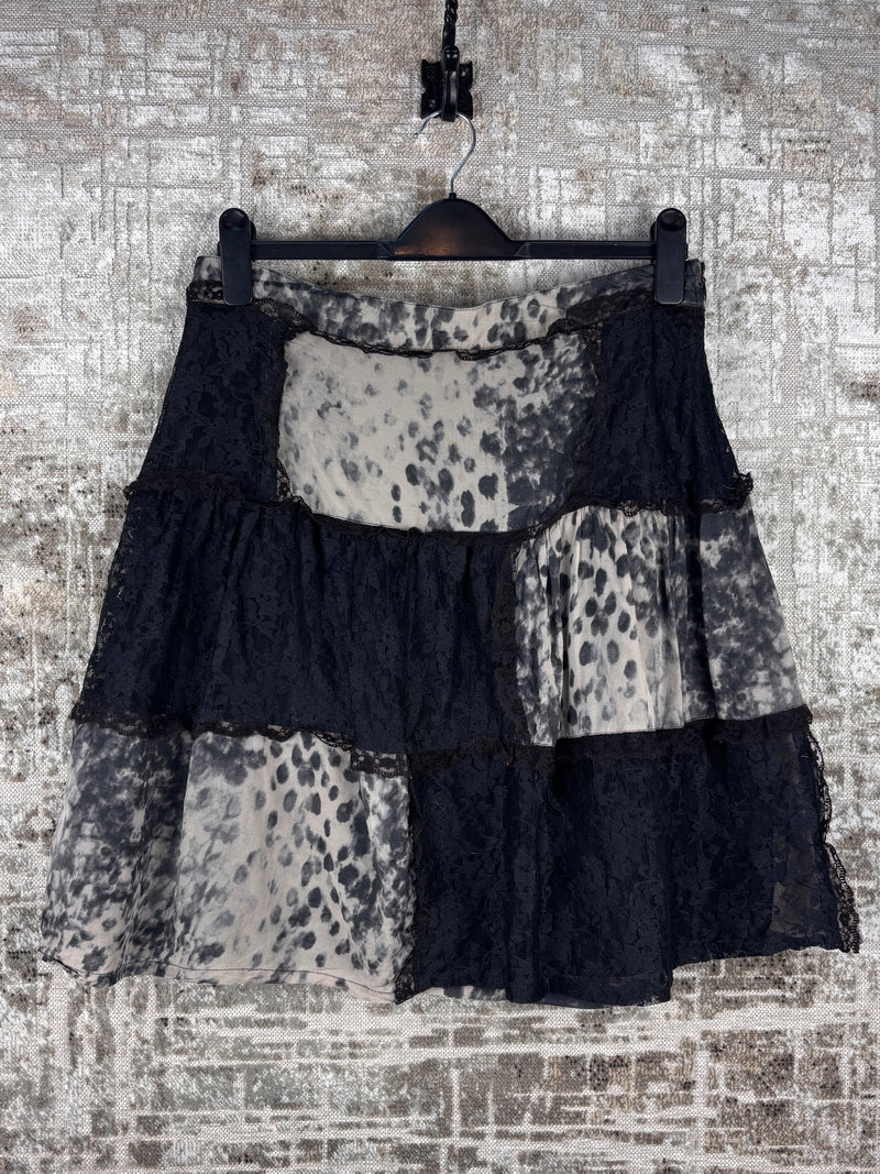 Womens Y2K Black Grey Leopard Print Lace Midi Skirt