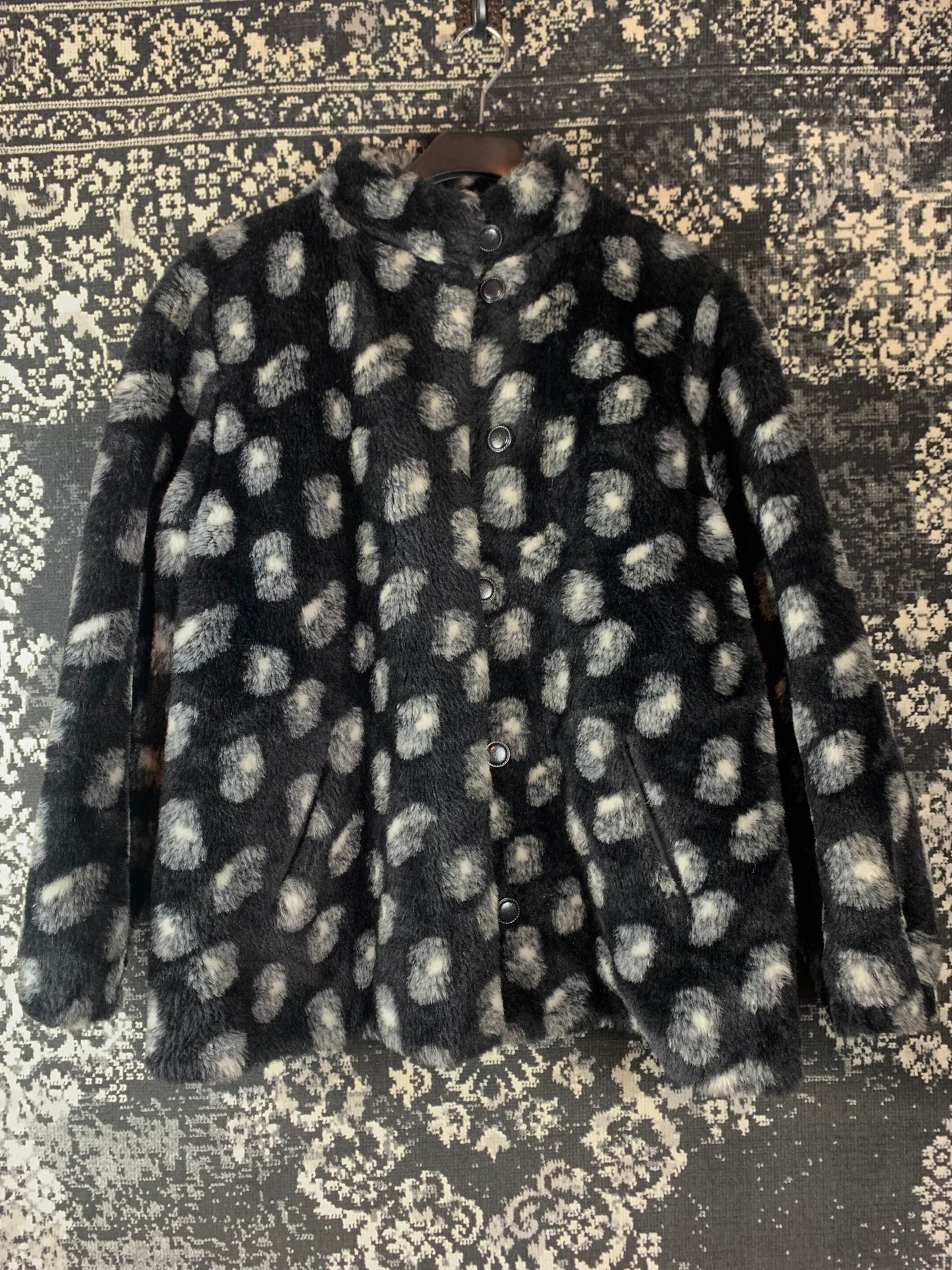 Women's Vintage Black & White Dotted Faux Fur Jacket