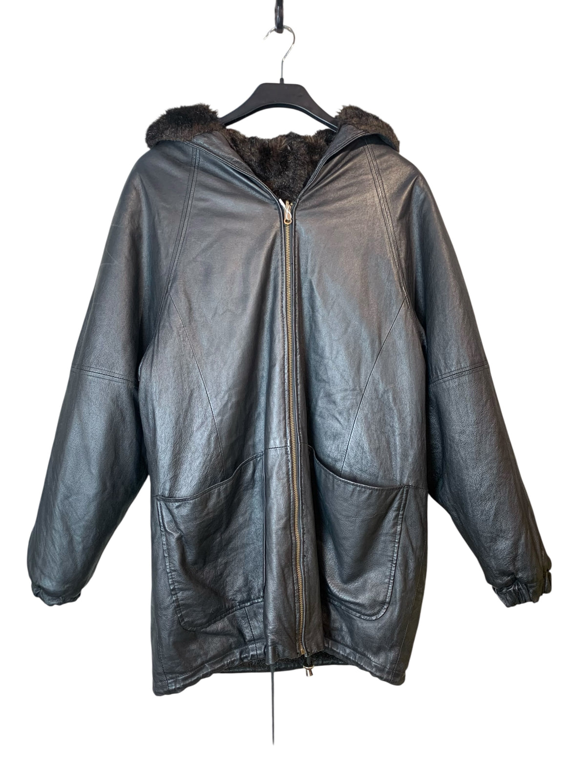 Vintage Hooded Leather Parka with Fur Lining