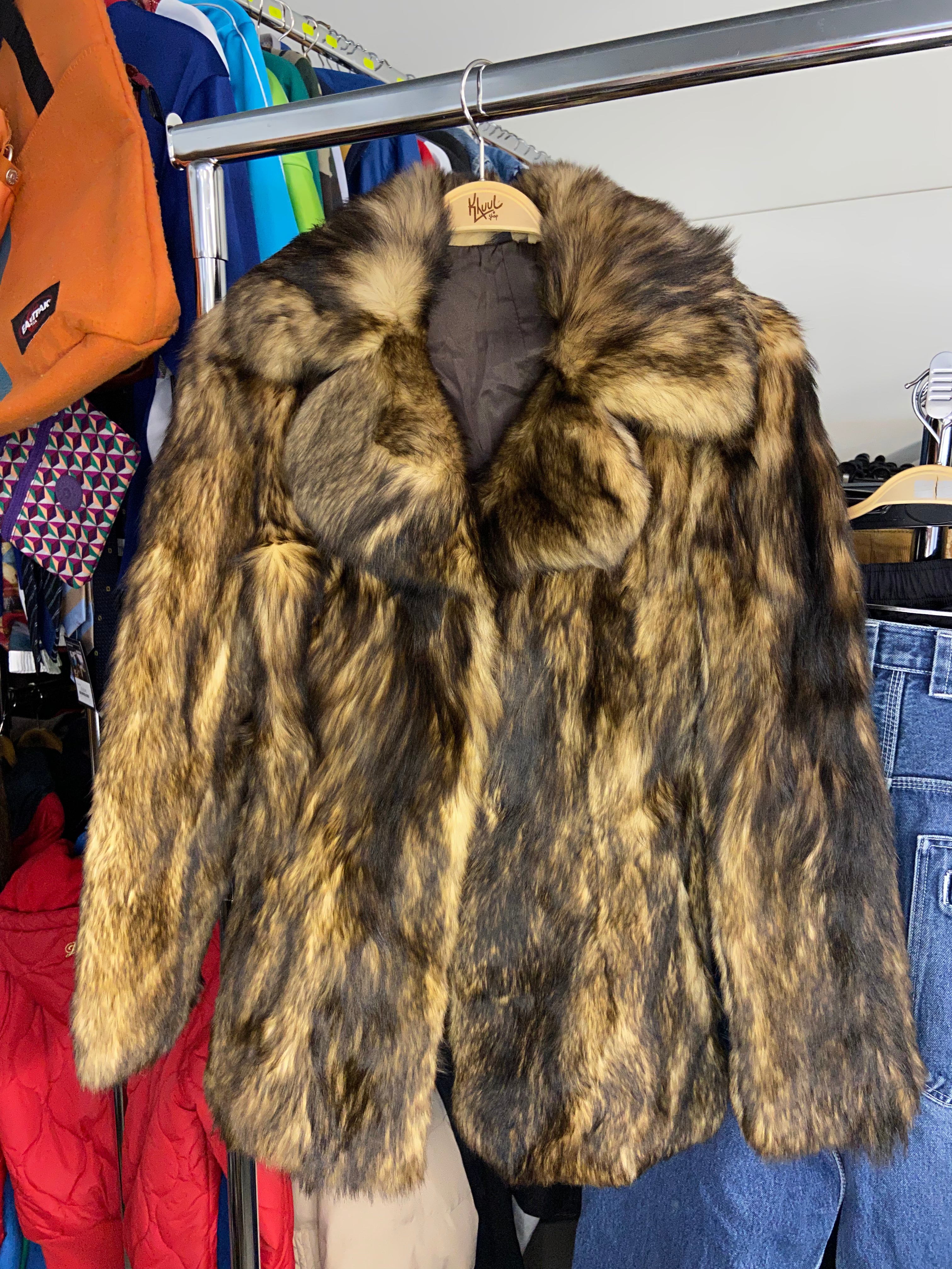 Brown Multicolor Short Wolf Fur Overcoat Jacket Women's S