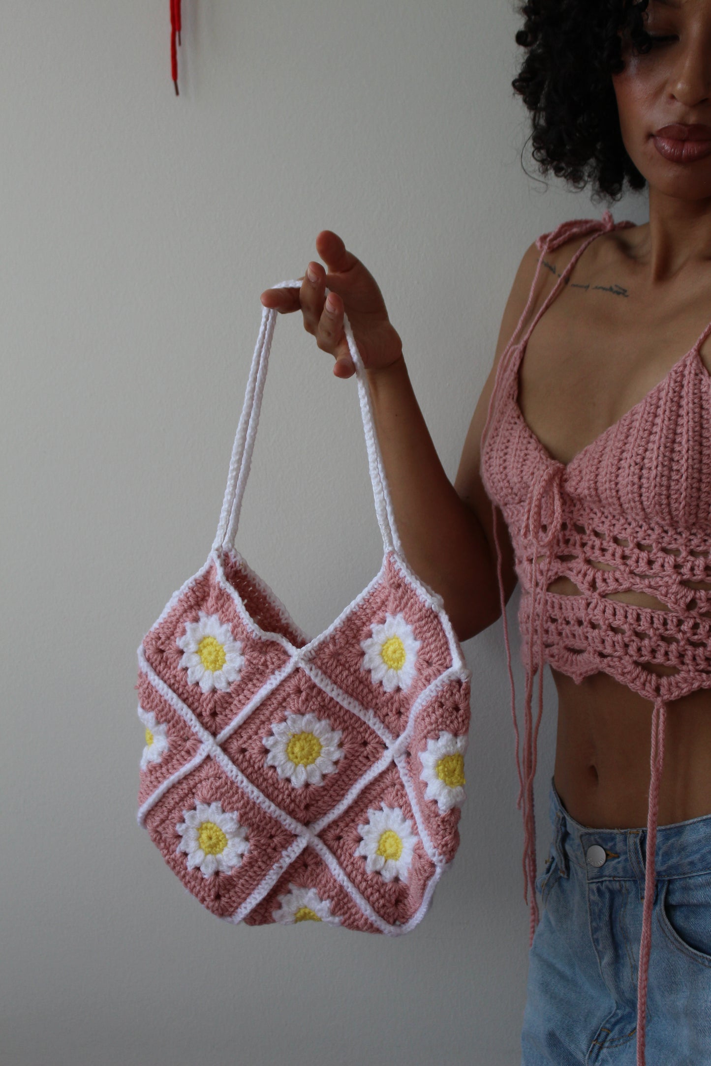 Handmade Crochet Pink Daisy Bag