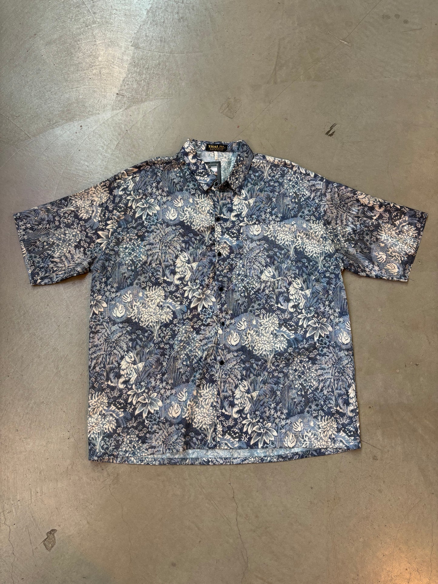 Thai Silk Blue Botanical Short Sleeve Button-Up
