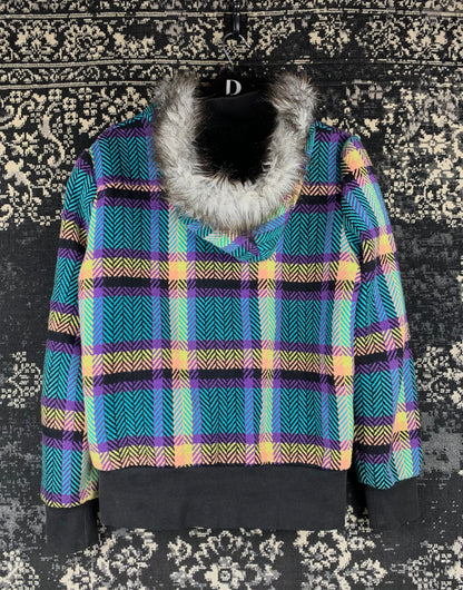 Womens Vintage Purr Multicolored Fur Trim Zip Up Jacket