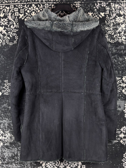 Women's Y2K Black Hooded Suede Coat with Faux Fur Trim