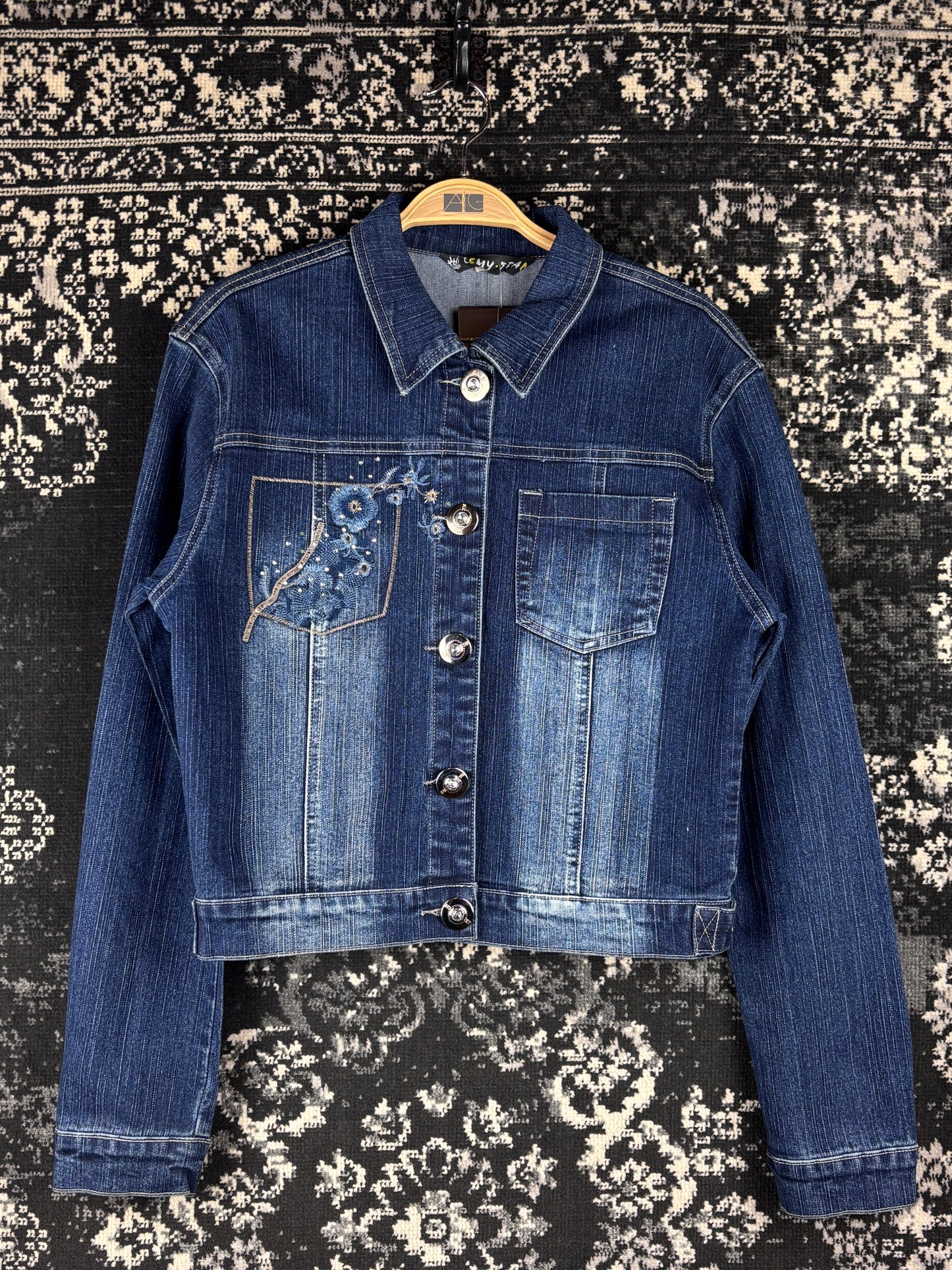 Womens Y2K Blue Denim Two Piece Set Embroidered Beaded Jacket