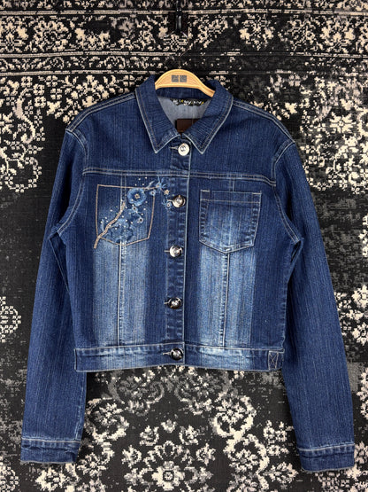 Womens Y2K Blue Denim Two Piece Set Embroidered Beaded Jacket