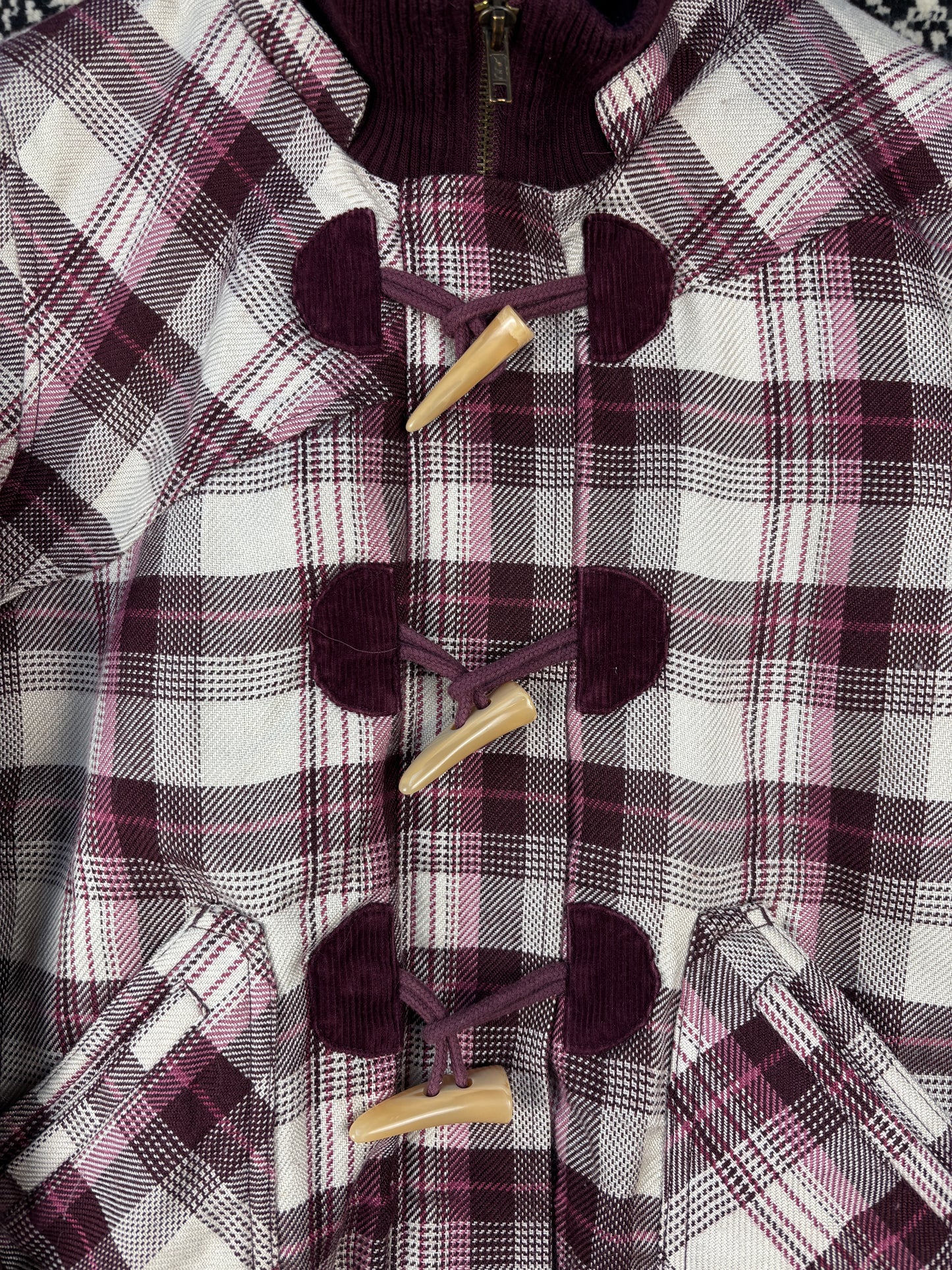 Womens Y2K Burgundy and Pink Plaid Patterned Bomber Jacket