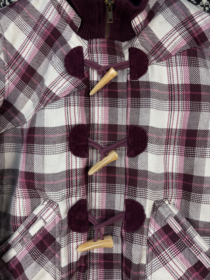 Womens Y2K Burgundy and Pink Plaid Patterned Bomber Jacket