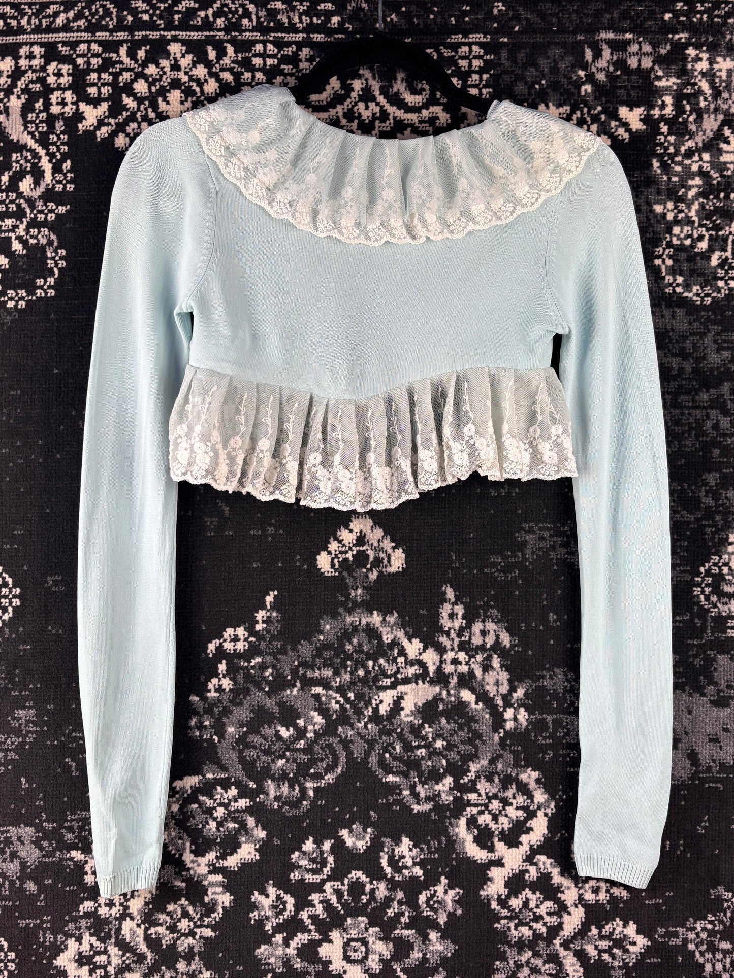 Womens Vintage Y2K Monton Baby Blue Lace Trim Cropped