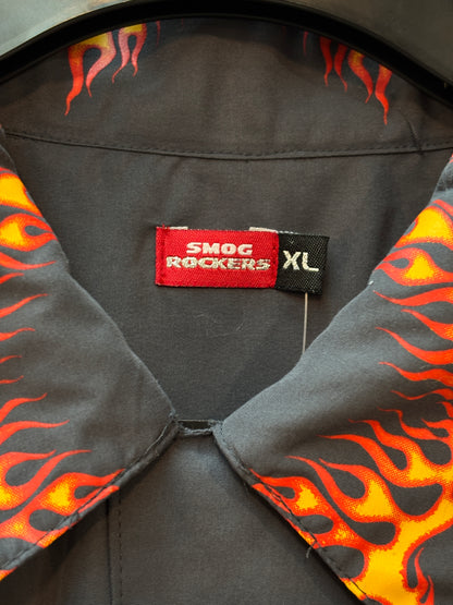 Mens Y2K Smog Rockers Flame Print Button Up Shirt