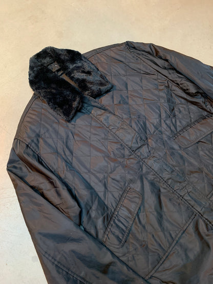 Women's Black Quilted Winter Coat with Faux Fur Collar