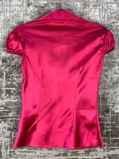 Womens Vintage Y2K Hot Pink Satin Blouse